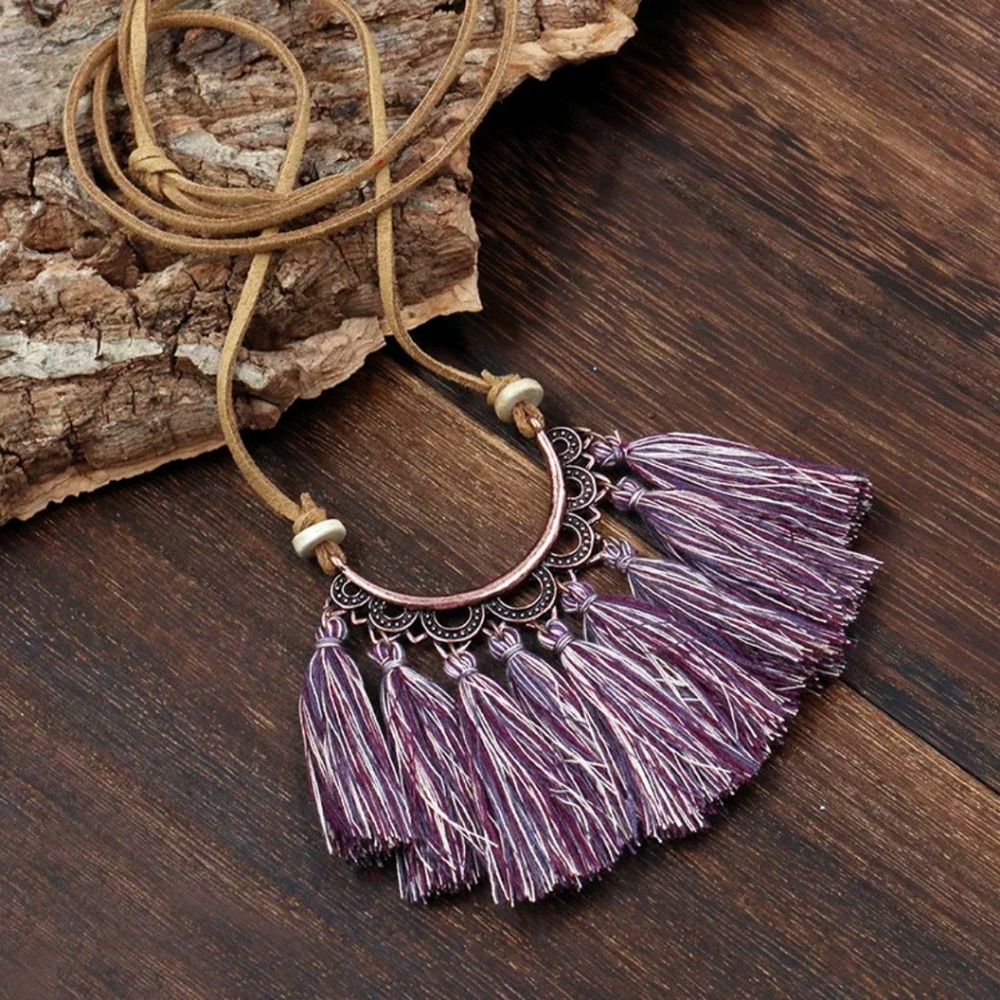 BOHO Brass & Purple Tassel Necklace Leather Cord